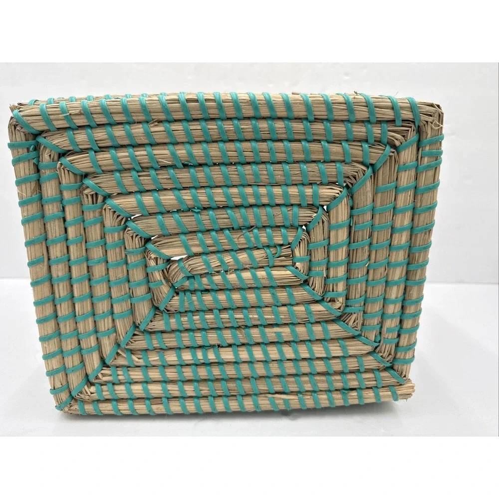 Max Studio Home Woven Reed Rattan Basket Make Up Storage Teal New
